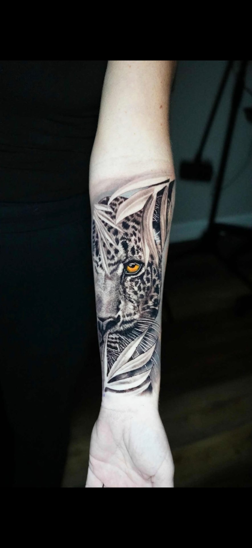 Black and grey realism leopard with color eye and leaves forearm tattoo by Kent Harrison